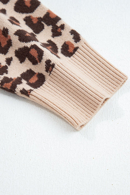 Khaki Leopard Print High Neck Shift Mini Sweater Dress - Goddess Vibes