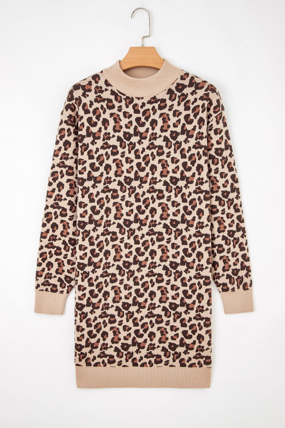 Khaki Leopard Print High Neck Shift Mini Sweater Dress - Goddess Vibes