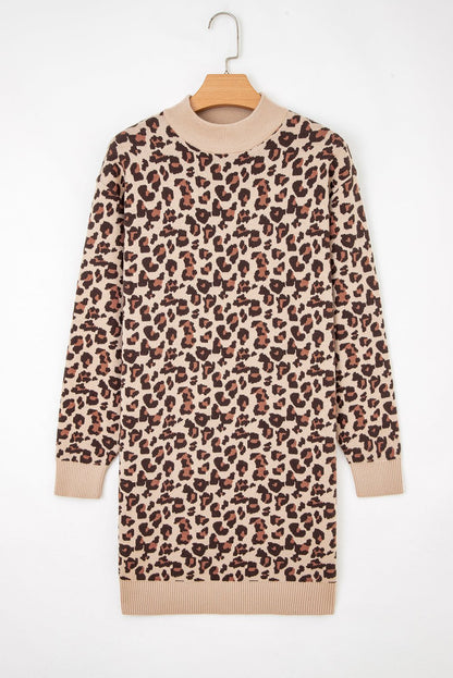 Khaki Leopard Print High Neck Shift Mini Sweater Dress - Goddess Vibes