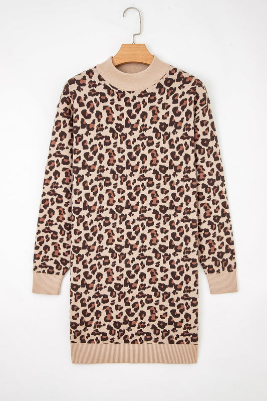 Khaki Leopard Print High Neck Shift Mini Sweater Dress - Goddess Vibes