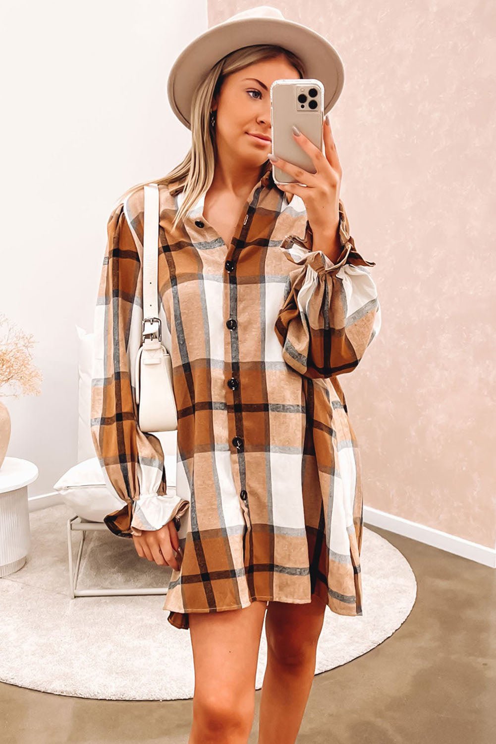 Khaki Plaid Pattern Collared Neck Ruffled Sleeve Shirt Dress - Goddess Vibes