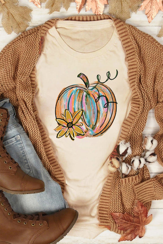 Khaki Pumpkin with Flower Graphic T Shirt - Goddess Vibes