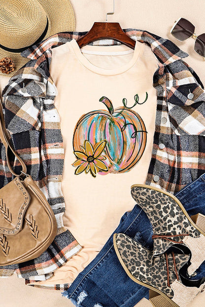 Khaki Pumpkin with Flower Graphic T Shirt - Goddess Vibes