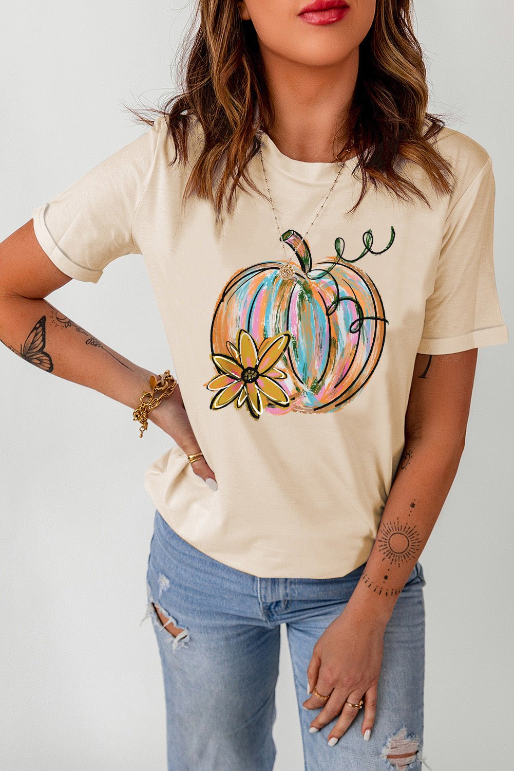 Khaki Pumpkin with Flower Graphic T Shirt - Goddess Vibes