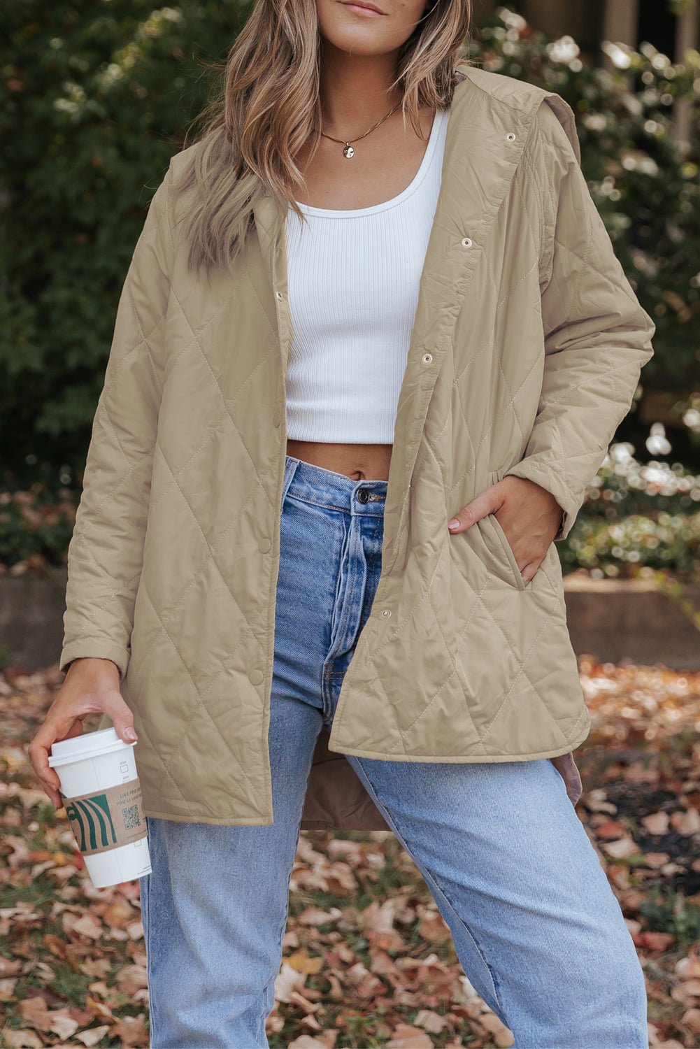 Khaki Quilted Snap Button Hooded Puffer Coat - Goddess Vibes