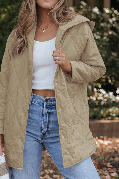 Khaki Quilted Snap Button Hooded Puffer Coat - Goddess Vibes