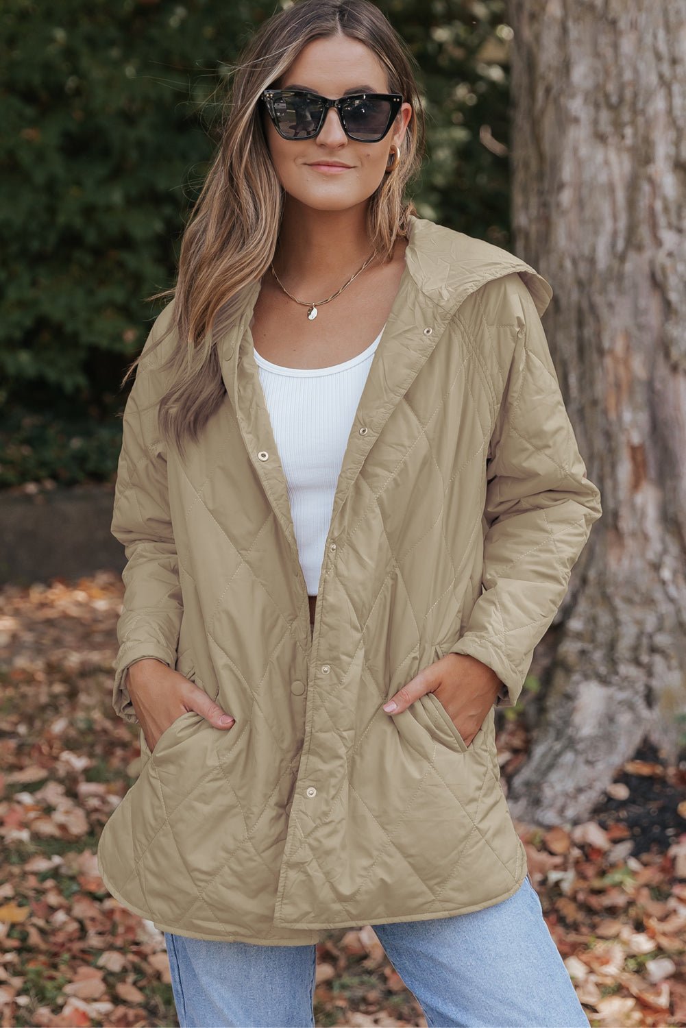 Khaki Quilted Snap Button Hooded Puffer Coat - Goddess Vibes