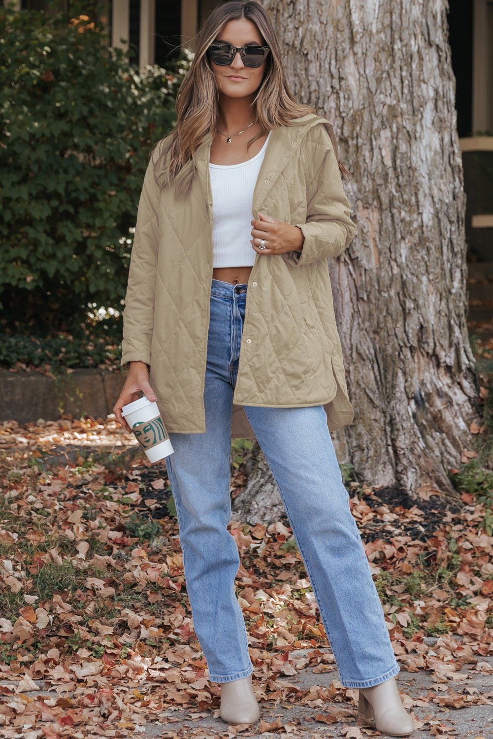 Khaki Quilted Snap Button Hooded Puffer Coat - Goddess Vibes