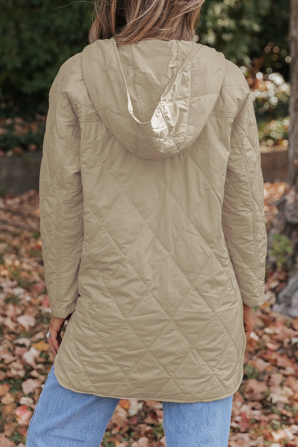 Khaki Quilted Snap Button Hooded Puffer Coat - Goddess Vibes