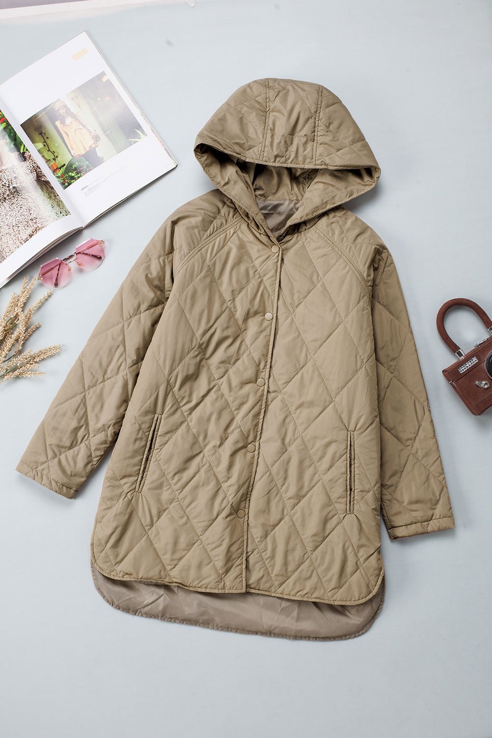 Khaki Quilted Snap Button Hooded Puffer Coat - Goddess Vibes
