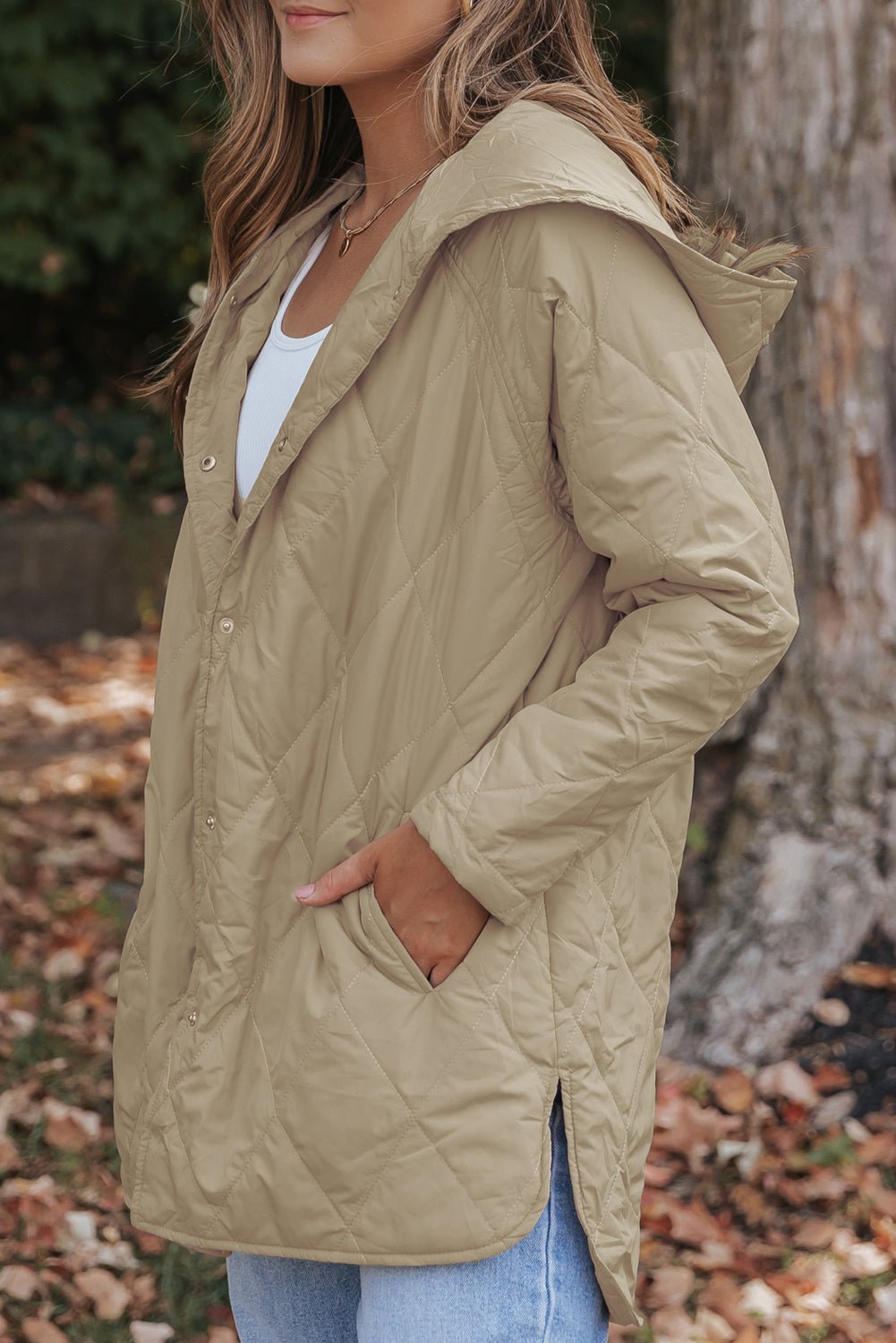 Khaki Quilted Snap Button Hooded Puffer Coat - Goddess Vibes