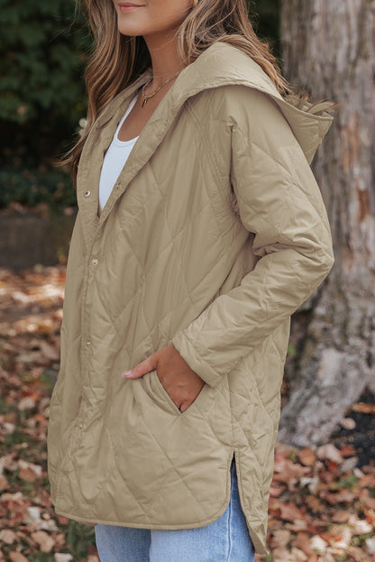 Khaki Quilted Snap Button Hooded Puffer Coat - Goddess Vibes