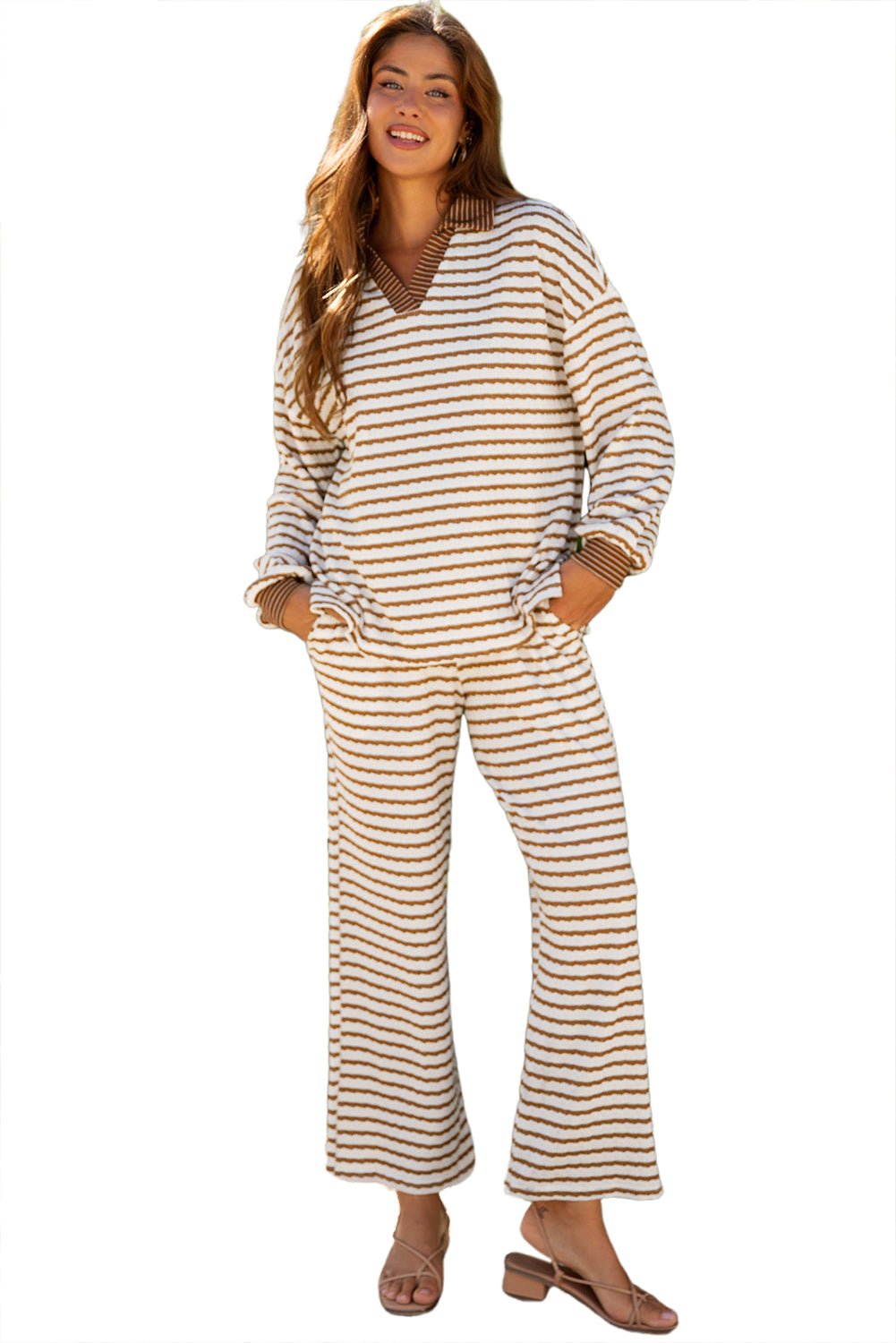 Khaki Stripe Collared Pullover Top and Drawstring Pant Set - Goddess Vibes