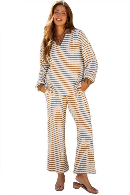 Khaki Stripe Collared Pullover Top and Drawstring Pant Set - Goddess Vibes