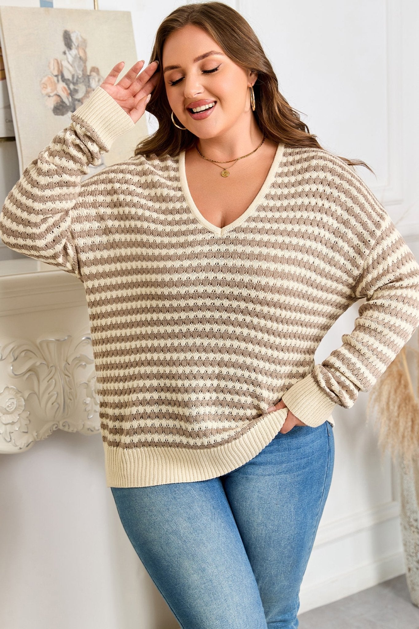 Khaki Stripe Plus Size V Neck Drop Shoulder Sweater - Crowned Energy CO.