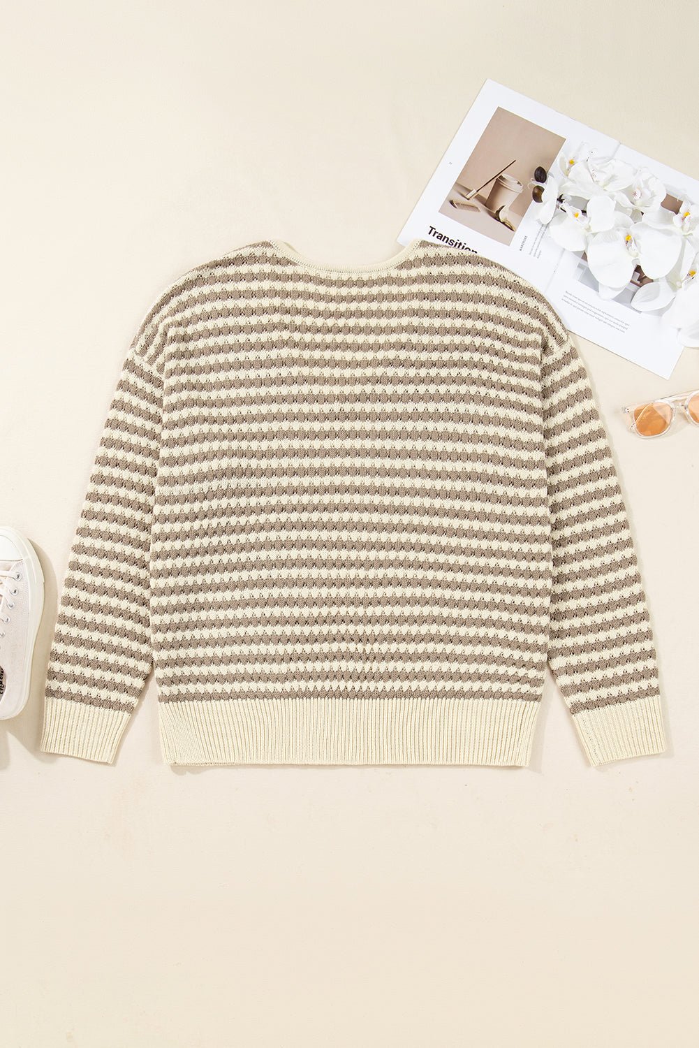 Khaki Stripe Plus Size V Neck Drop Shoulder Sweater - Crowned Energy CO.