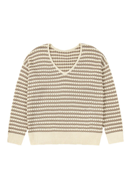 Khaki Stripe Plus Size V Neck Drop Shoulder Sweater - Crowned Energy CO.