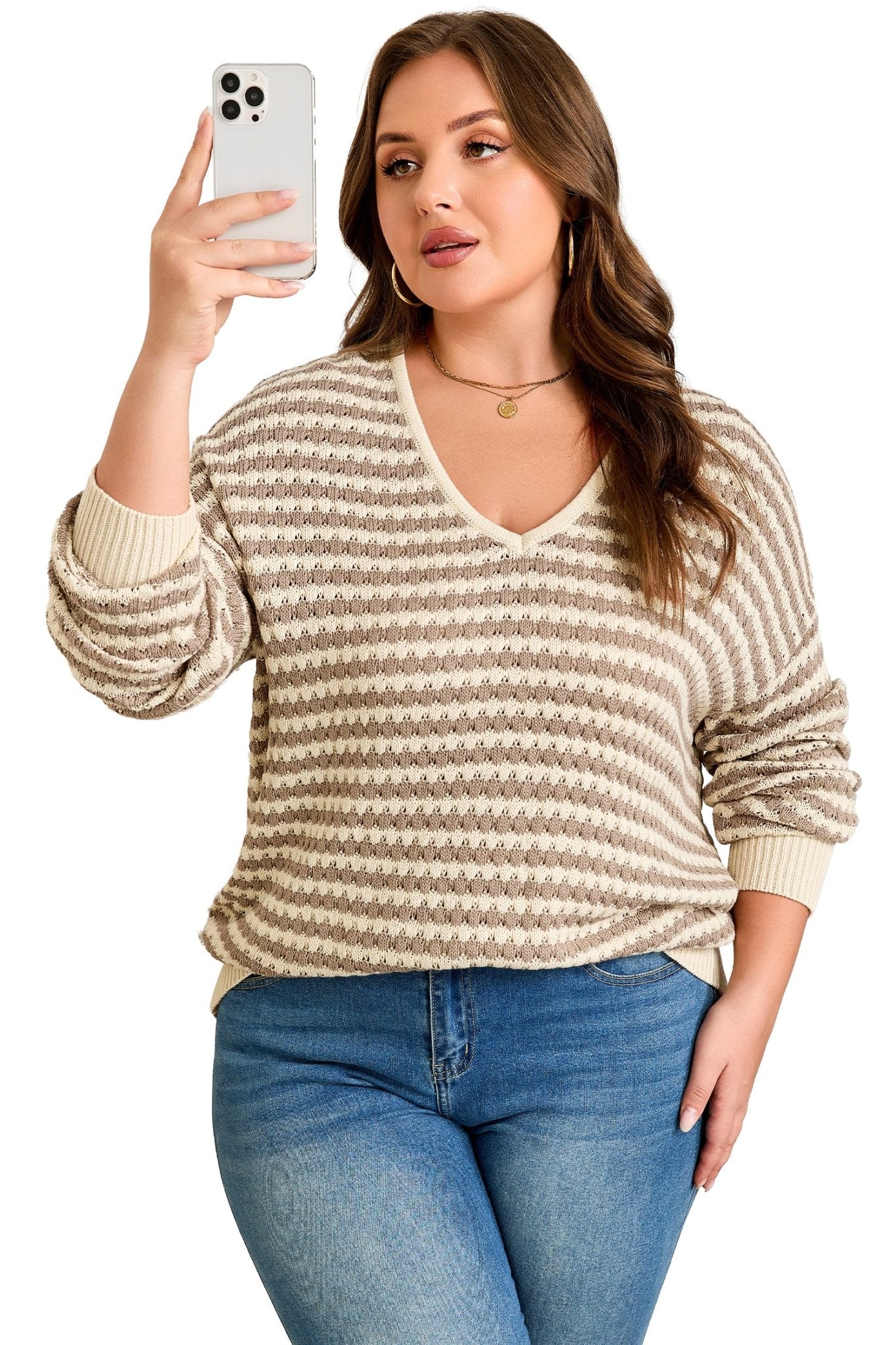 Khaki Stripe Plus Size V Neck Drop Shoulder Sweater - Crowned Energy CO.