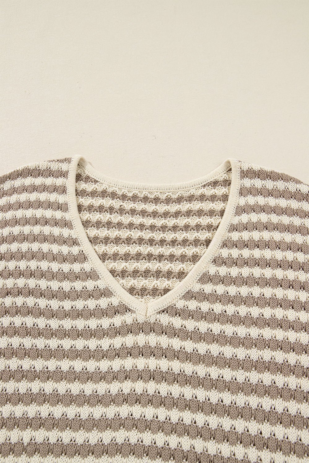 Khaki Stripe Plus Size V Neck Drop Shoulder Sweater - Crowned Energy CO.