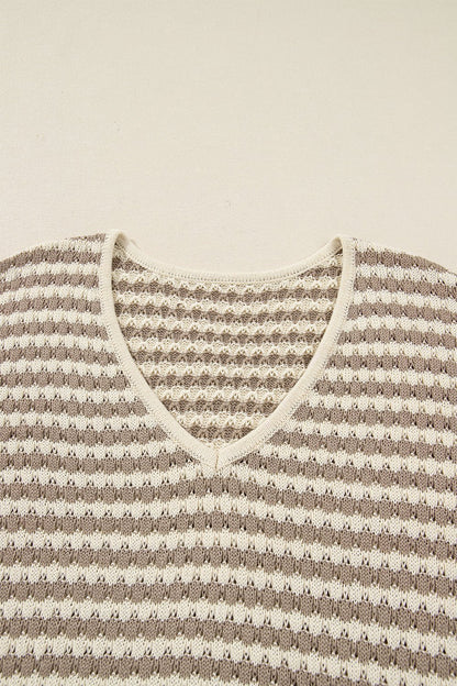 Khaki Stripe Plus Size V Neck Drop Shoulder Sweater - Crowned Energy CO.