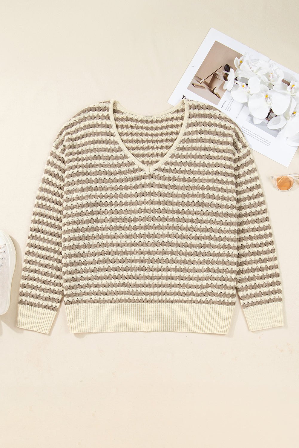Khaki Stripe Plus Size V Neck Drop Shoulder Sweater - Crowned Energy CO.
