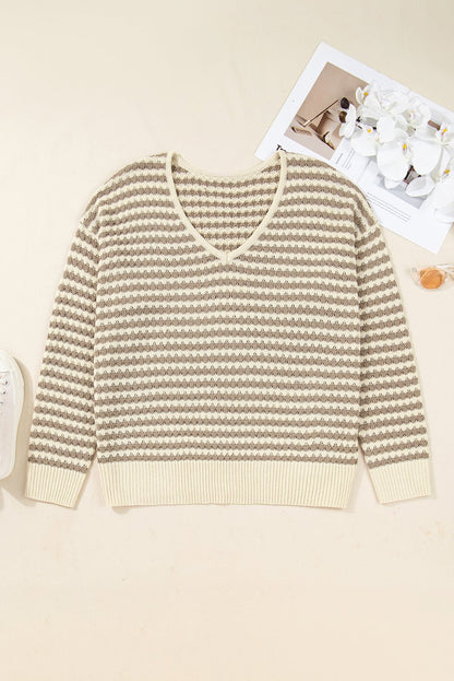 Khaki Stripe Plus Size V Neck Drop Shoulder Sweater - Crowned Energy CO.