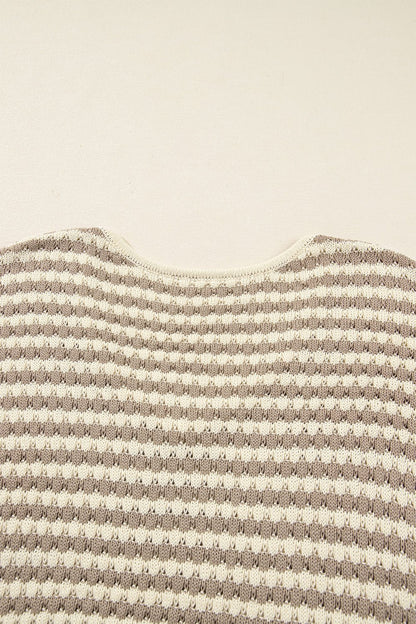 Khaki Stripe Plus Size V Neck Drop Shoulder Sweater - Crowned Energy CO.