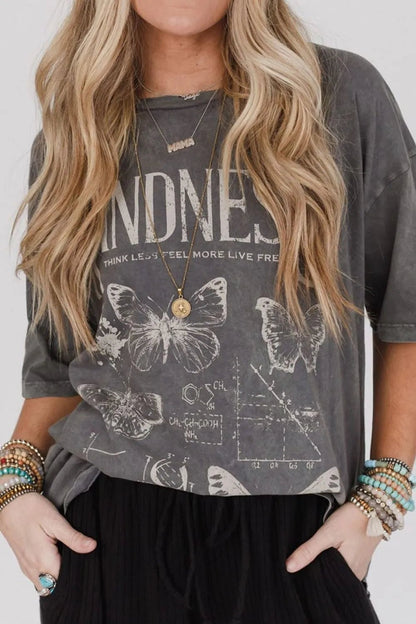 Kindness Butterflies Graphic Mineral Wash Loose Tee - Goddess Vibes