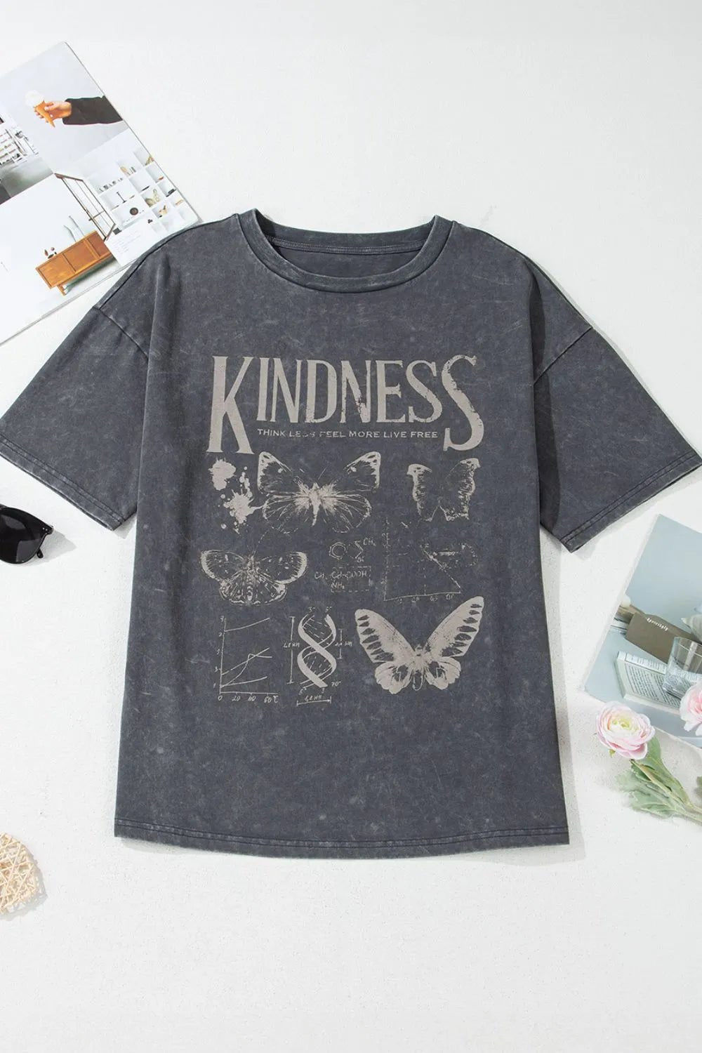 Kindness Butterflies Graphic Mineral Wash Loose Tee - Goddess Vibes