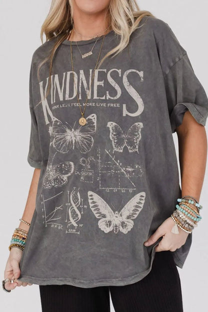 Kindness Butterflies Graphic Mineral Wash Loose Tee - Goddess Vibes