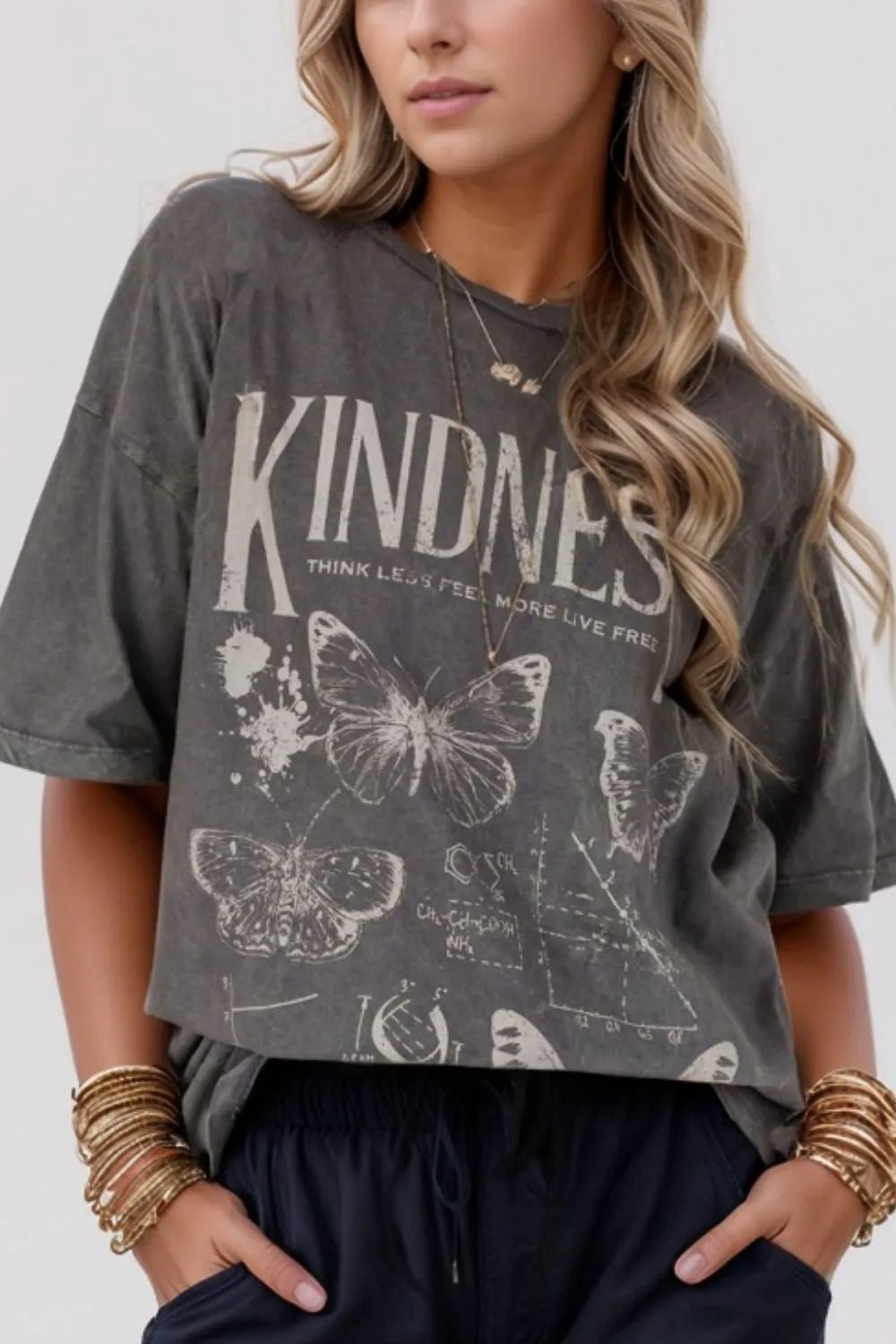 Kindness Butterflies Graphic Mineral Wash Loose Tee - Goddess Vibes