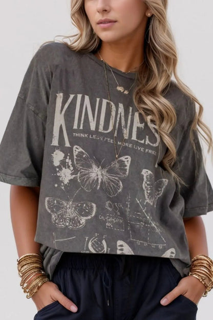 Kindness Butterflies Graphic Mineral Wash Loose Tee - Goddess Vibes
