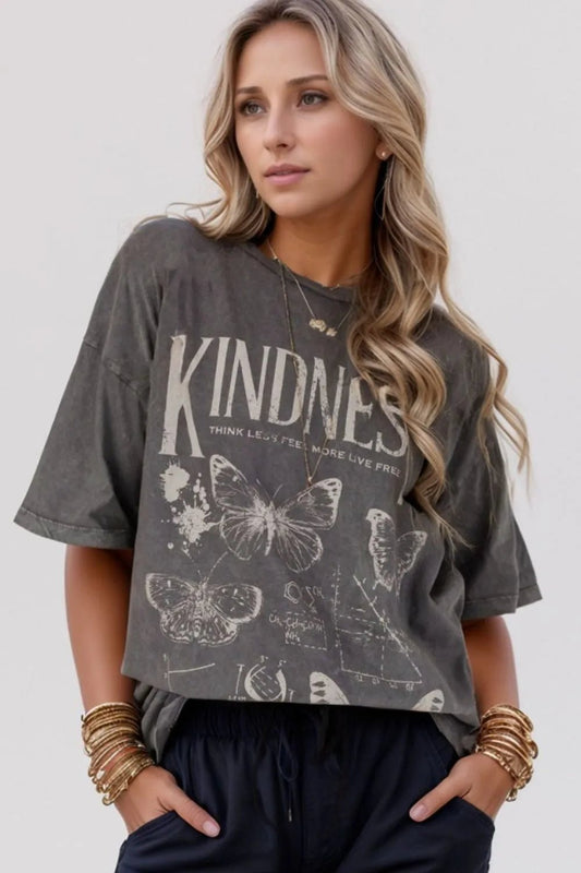 Kindness Butterflies Graphic Mineral Wash Loose Tee - Goddess Vibes