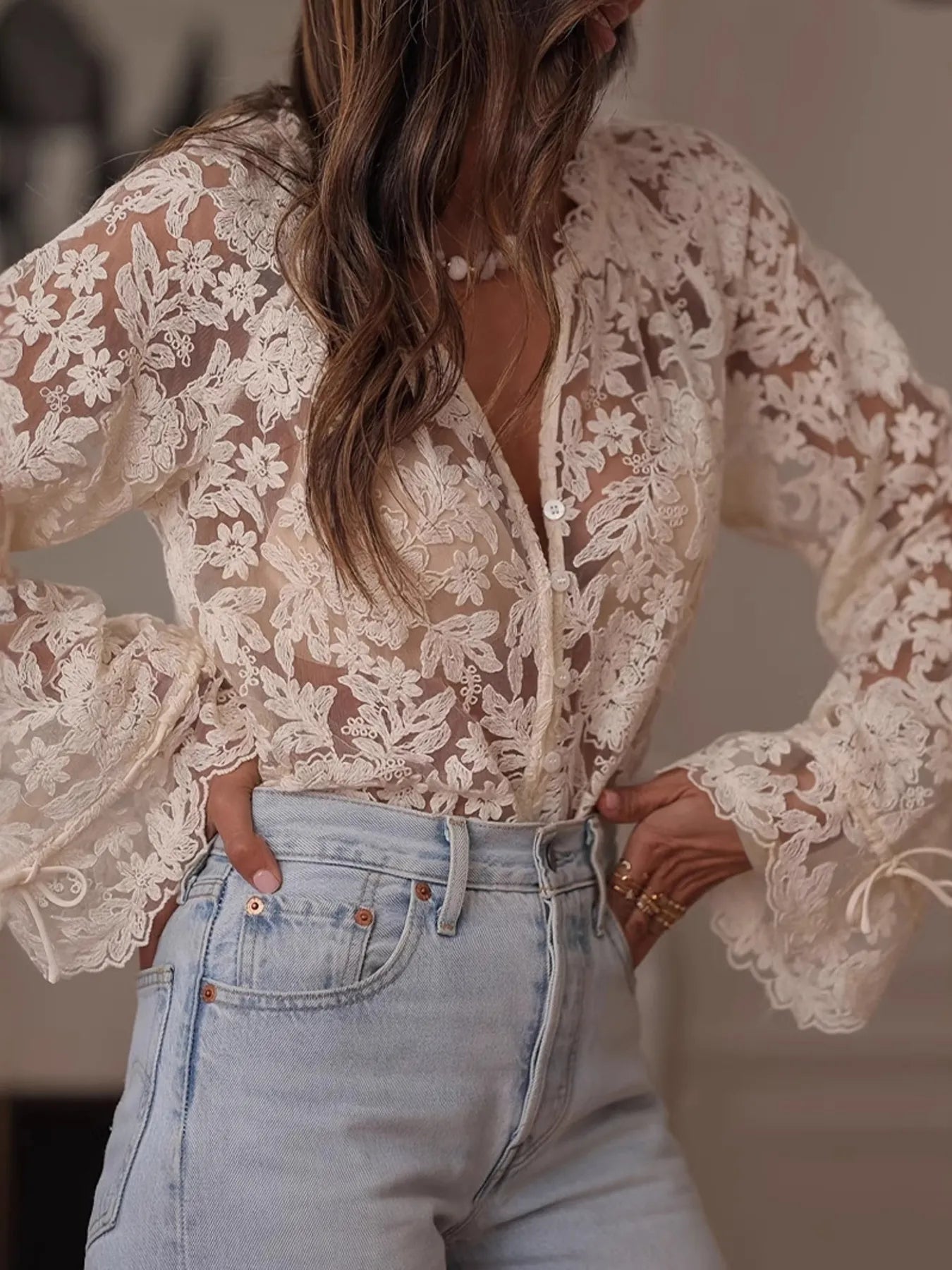 Lace Button Up Long Sleeve Shirt - Goddess Vibes