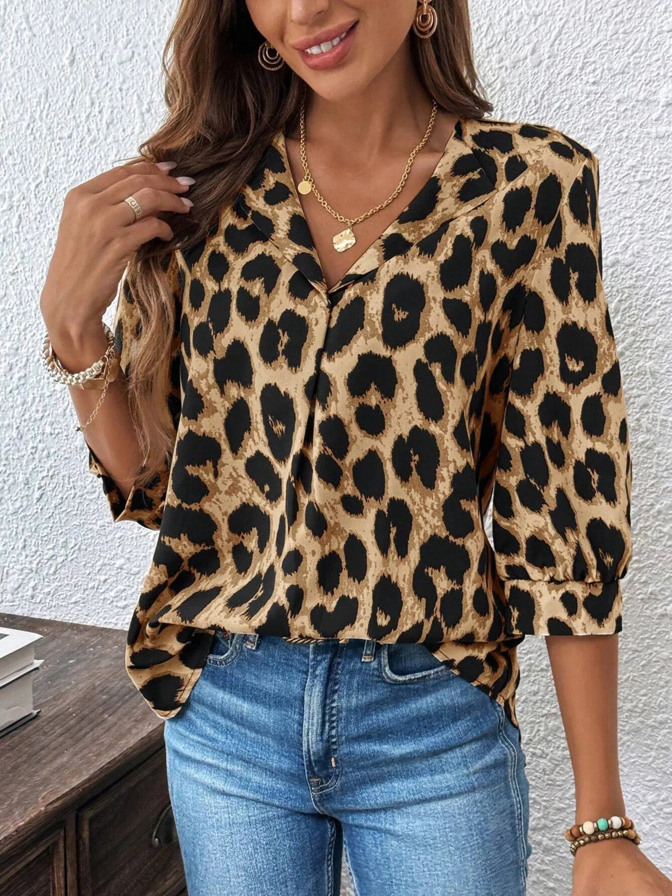 Leopard Print 3/4 Sleeve Blouse - Goddess Vibes
