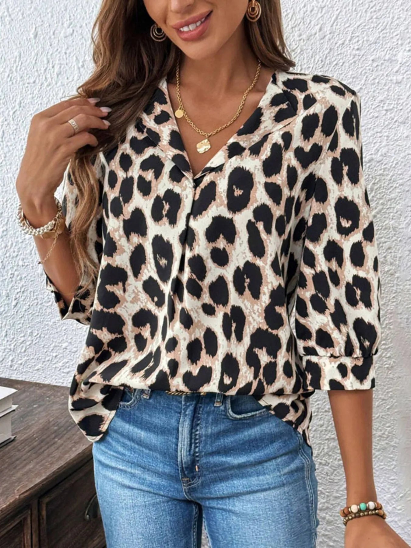 Leopard Print 3/4 Sleeve Blouse - Goddess Vibes