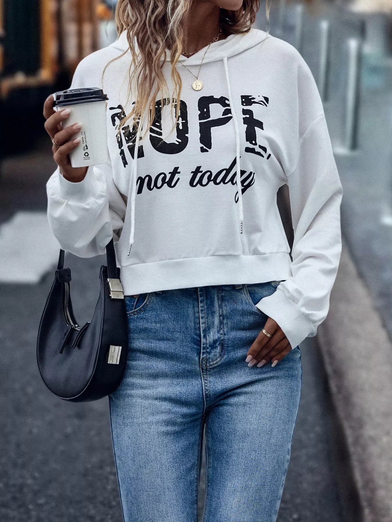 Letter Graphic Long Sleeve Drawstring Hoodie - Goddess Vibes