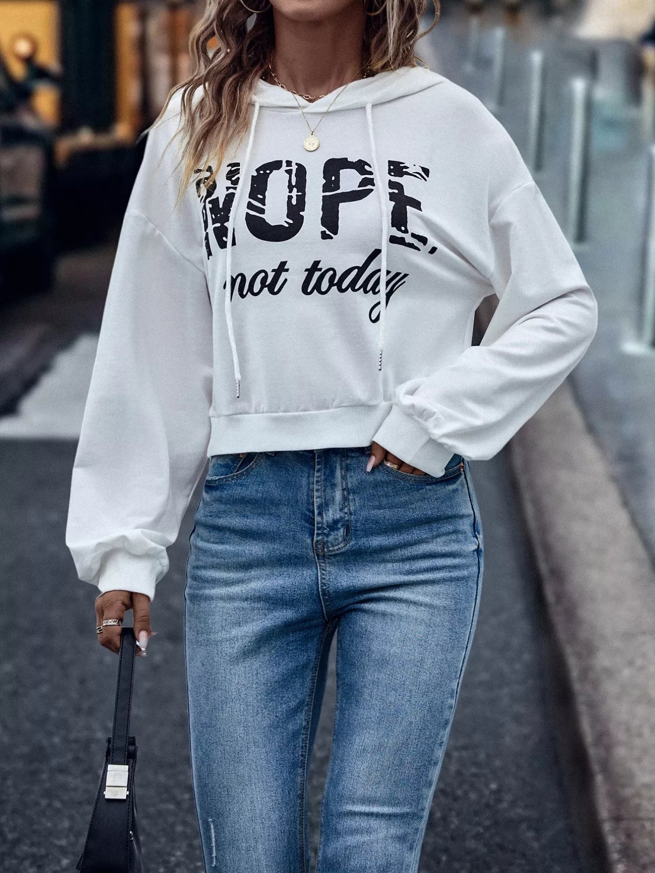 Letter Graphic Long Sleeve Drawstring Hoodie - Goddess Vibes