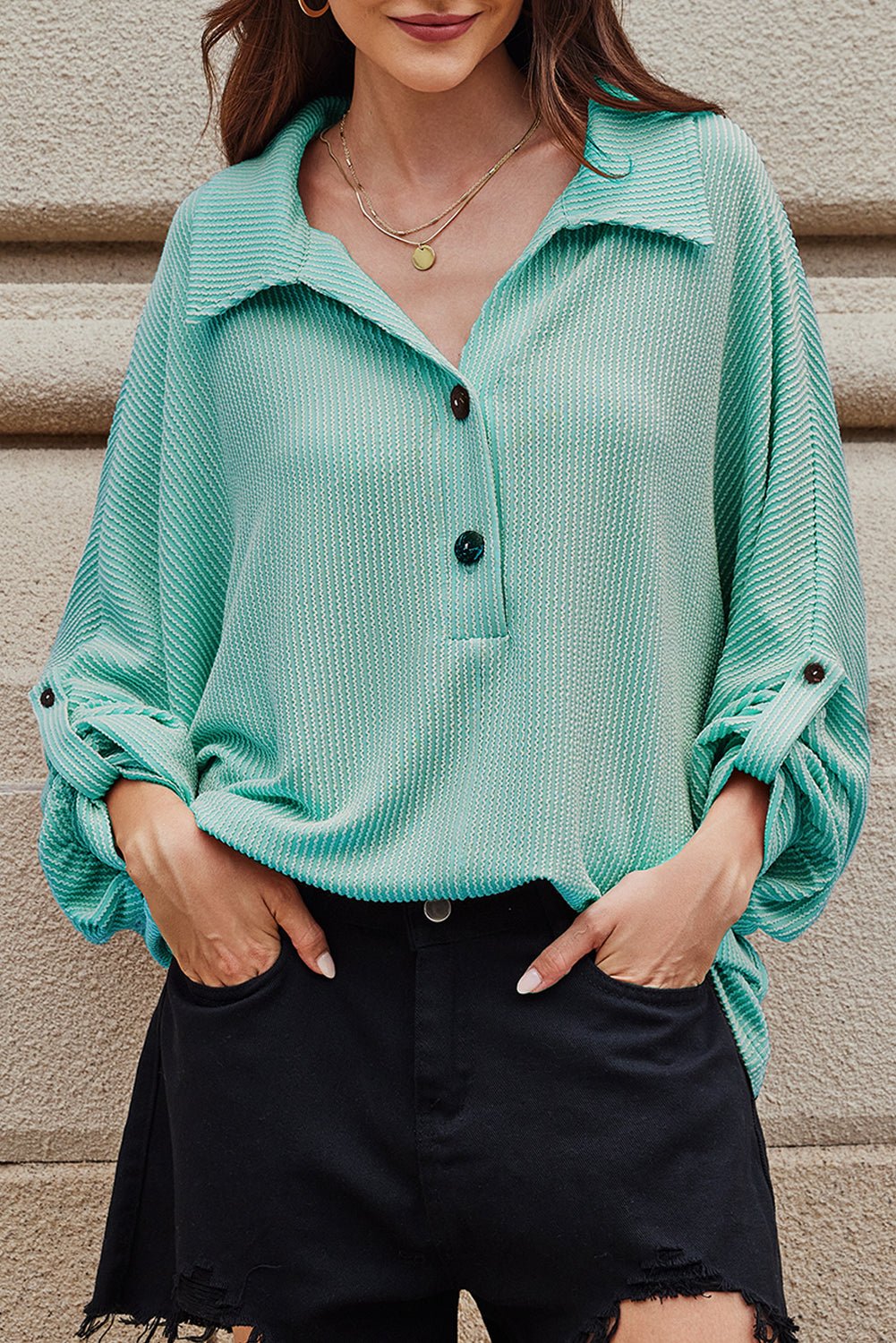 Light Blue Oversized Twist Ribbed Collared Henley Top with Roll up Sleeve - Goddess Vibes