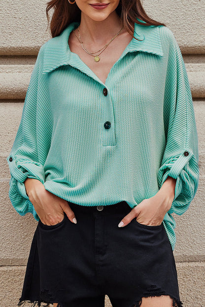 Light Blue Oversized Twist Ribbed Collared Henley Top with Roll up Sleeve - Goddess Vibes
