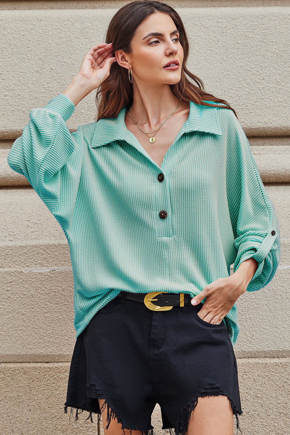 Light Blue Oversized Twist Ribbed Collared Henley Top with Roll up Sleeve - Goddess Vibes