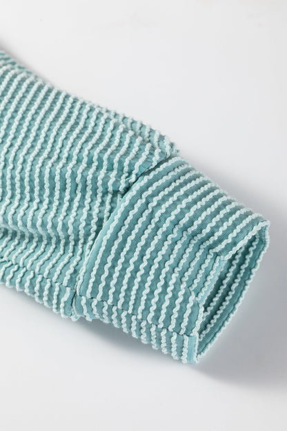 Light Blue Oversized Twist Ribbed Collared Henley Top with Roll up Sleeve - Crowned Energy CO.