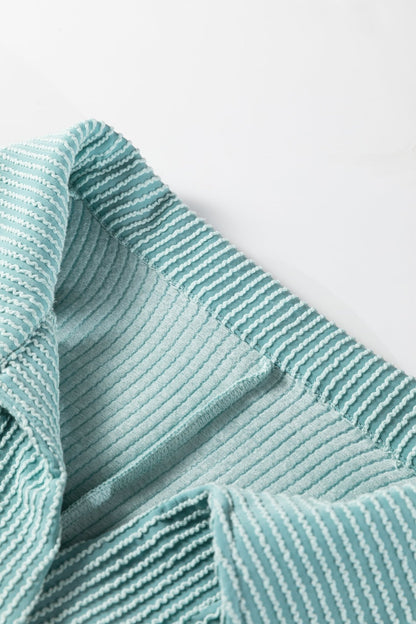 Light Blue Oversized Twist Ribbed Collared Henley Top with Roll up Sleeve - Crowned Energy CO.