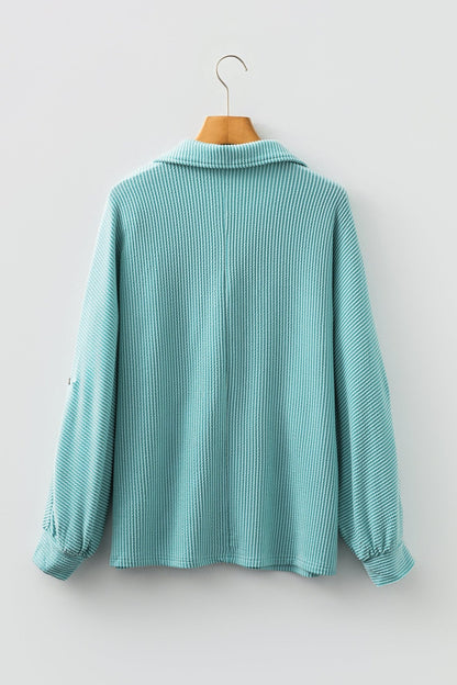 Light Blue Oversized Twist Ribbed Collared Henley Top with Roll up Sleeve - Crowned Energy CO.