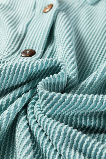 Light Blue Oversized Twist Ribbed Collared Henley Top with Roll up Sleeve - Crowned Energy CO.
