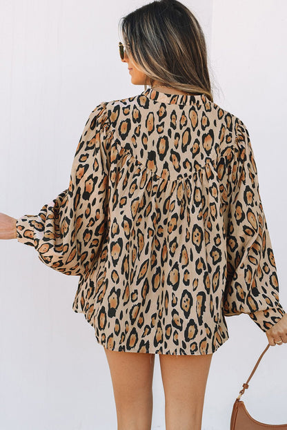 Light French Beige Oversized Leopard Print Balloon Sleeve Casual Shirt - Goddess Vibes