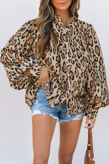 Light French Beige Oversized Leopard Print Balloon Sleeve Casual Shirt - Goddess Vibes