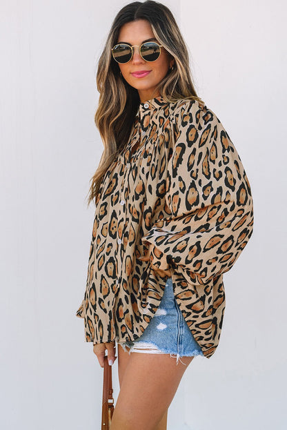 Light French Beige Oversized Leopard Print Balloon Sleeve Casual Shirt - Goddess Vibes