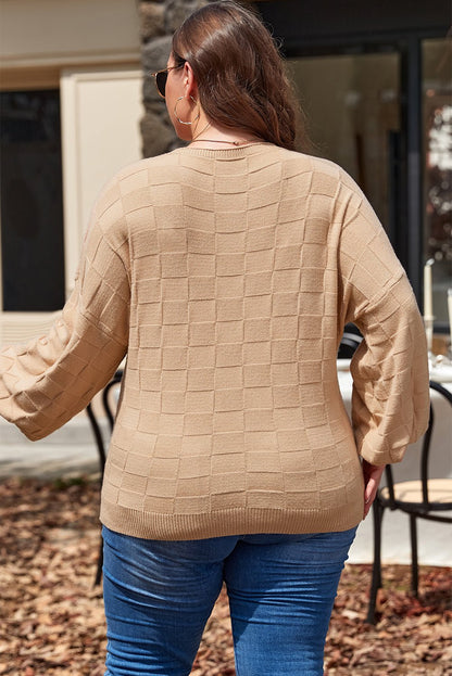 Light French Beige Solid Checkered Textured Knit Plus Size Sweater - Goddess Vibes