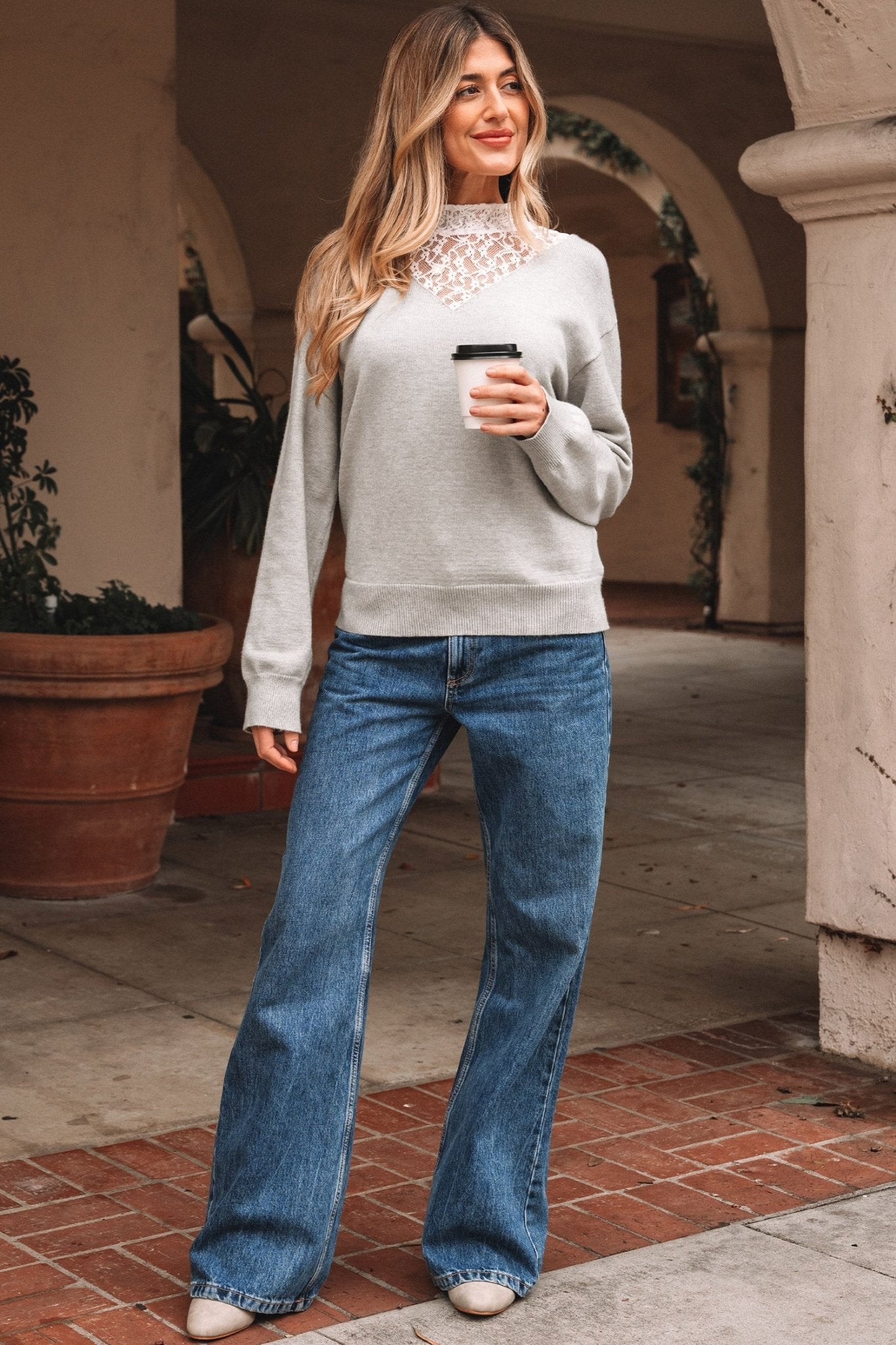 Light Grey Button Keyhole Lace Patchwork Drop Shoulder Sweater - Crowned Energy CO.